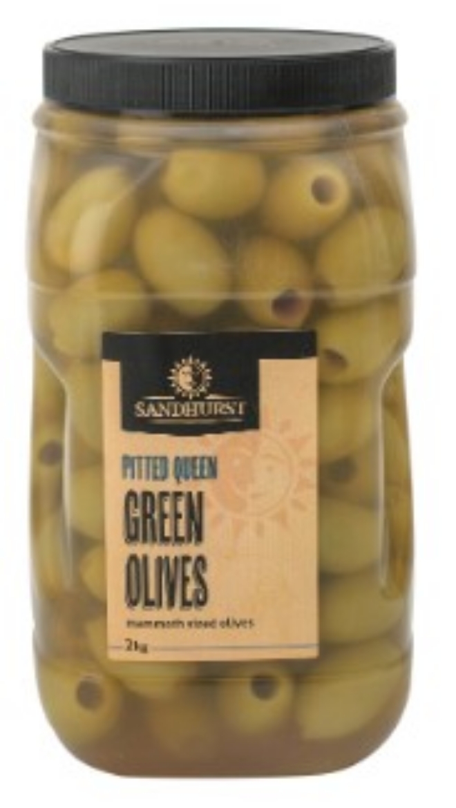 Picture of 2KG SANDHURST QUEEN GREEN OLIVES PITTED  (H)